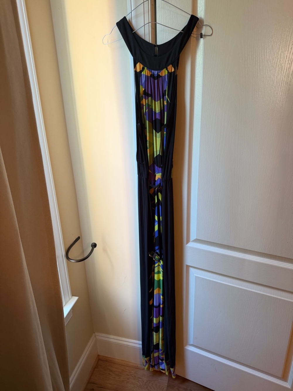BCBGMaxAzria Black Maxi Dress with Green and Purple Geometric Print